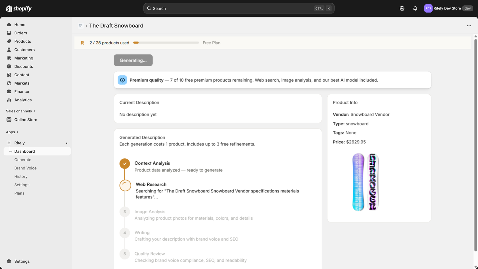 Ritely generating a product description with real-time progress: analyzing, researching, writing